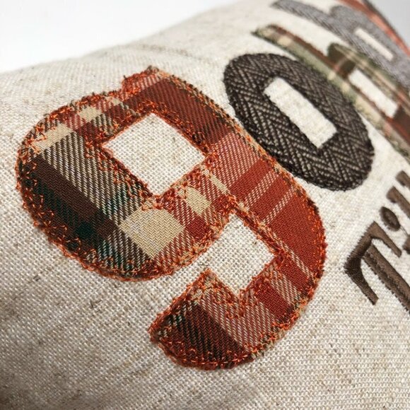 THANKSGIVING Fall Turkey Country Harvest Tweed Brown Cream Orange Plaid Pillow - Picture 4 of 15